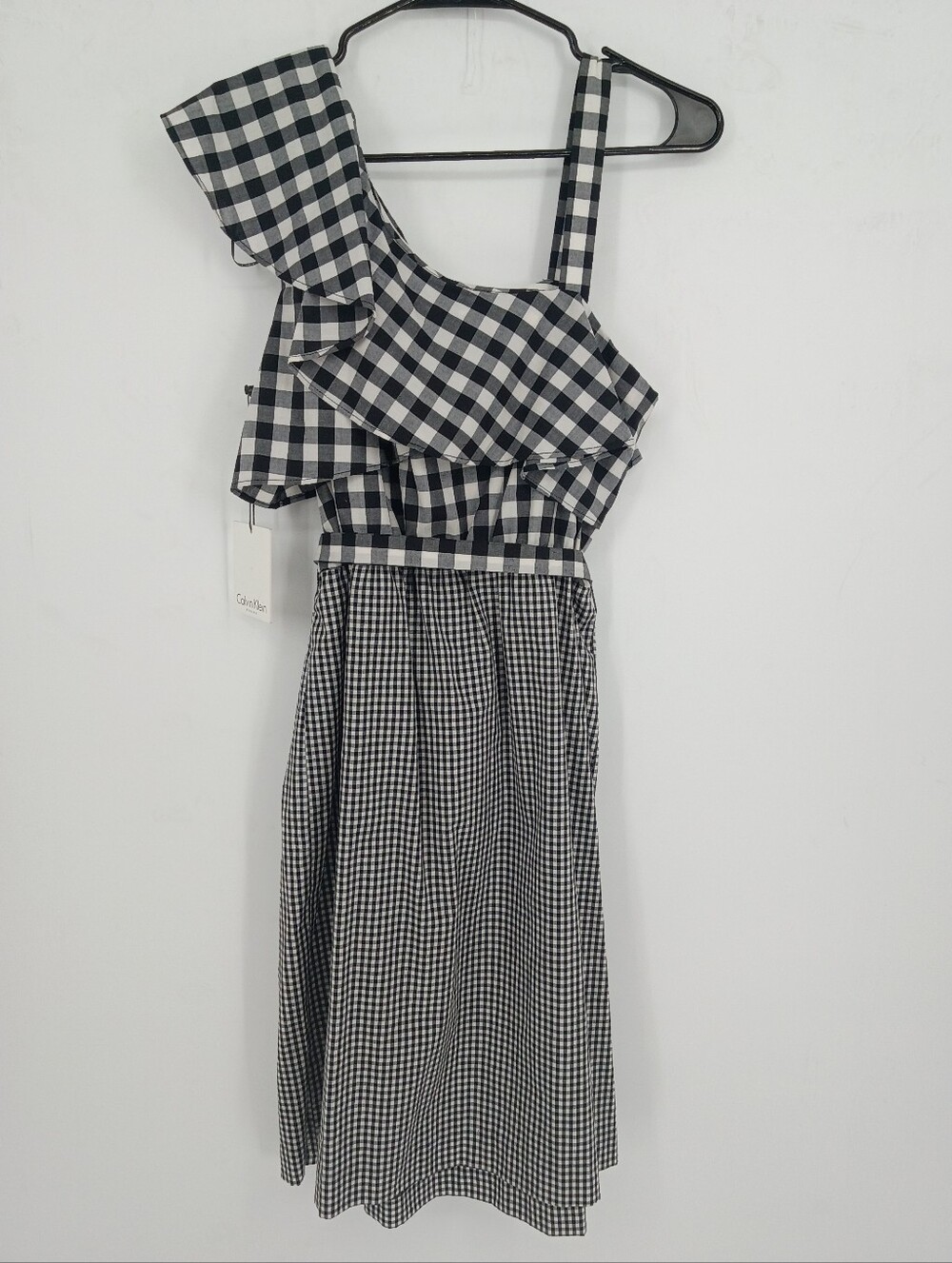 Calvin Klein Black & White Gingham Dress with Ruffle Detail